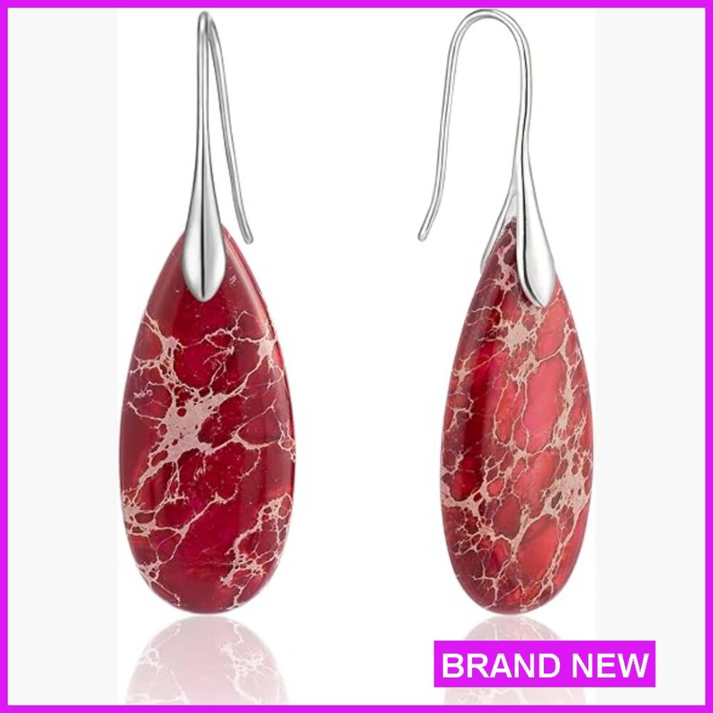 Stone Fishhook Dangle Drop Earrings Elegant State… - image 1